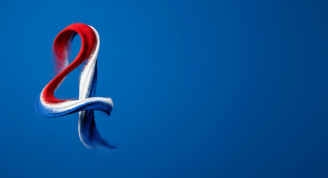 4th of July abstract number four formed by red white and blue powder. Minimalist 3D ribbon sculpture of number four with copy space for advertising.