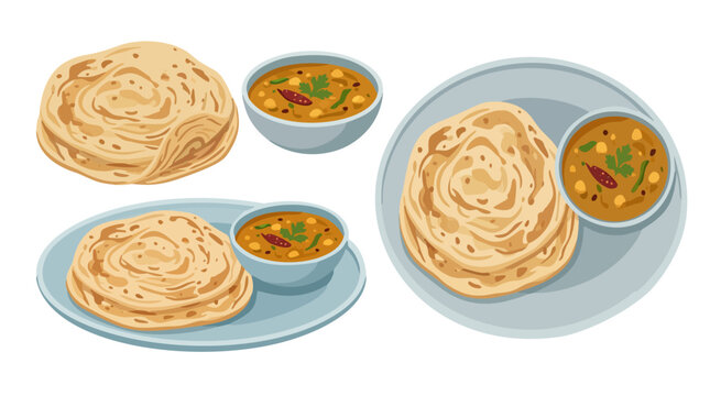 illustration cartoon roti prata paratha flatbread with curry dip for asian cafe menu board