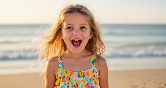 Portrait of an excited young girl in summer clothes
