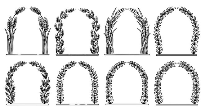 Arch shaped frames decorated with wheat stalks and grain ears for bakery branding or rustic pastry shop menu display layouts.