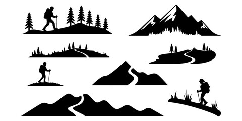 Hiking and trekking silhouettes with mountain trails and outdoor adventure themes © Lutfunnaher