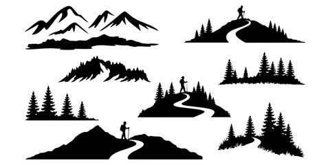 Hiking and trekking silhouettes with mountain trails and outdoor adventure themes © Lutfunnaher