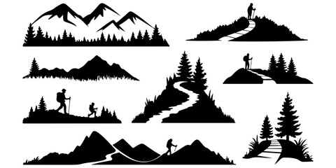 Hiking and trekking silhouettes with mountain trails and outdoor adventure themes © Lutfunnaher