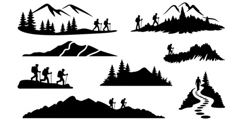 Hiking and trekking silhouettes with mountain trails and outdoor adventure themes © Lutfunnaher