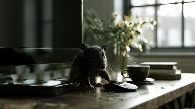  A modern, tidy desk sits atop a glossy black computer monitor and a black mouse. A small black rodent, slightly raised on its hind legs, curiously taps on the black mouse. 