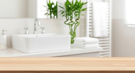 Fototapeta premium Modern bathroom countertop with lucky bamboo and white fixtures