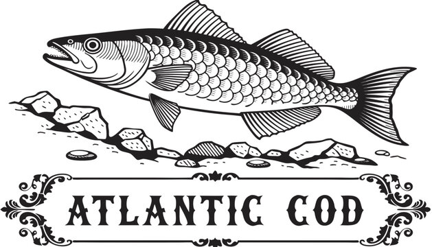 Very beautiful black-and-white engraved vector illustration featuring ATLANTIC COD above a rocky ocean floor, intricate scales, detailed linework, and decorative label reading "ATLANTIC COD", isolated