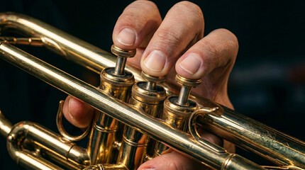 Fototapeta premium Close-up of musician fingers pressing valves on golden brass trumpet