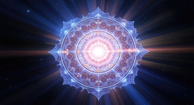 Radiant mandala bursts with light rays on dark background