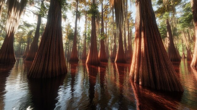 View of a dense swamp with cypress trees rising from dark, reflective water during a warm summer afternoon