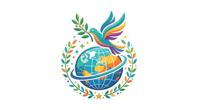 Colorful Dove with Olive Branch on Globe, Symbolizing Peace and Unity