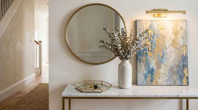 Elegant entryway console table with round mirror abstract art and eucalyptus