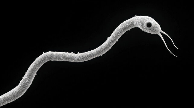 A microscopic animal parasite. Microscopic close-up of a worm-like organism on a dark background