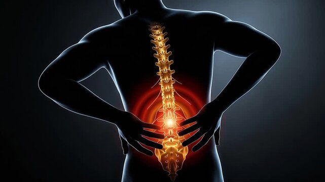Spine Back Pain Full Vertebral Column 3D Medical Animation Human Body Anatomy X-Ray Glowing Red Dark Background