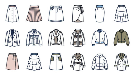 Collection of various jacket and skirt fashion icons in flat style © Koyong