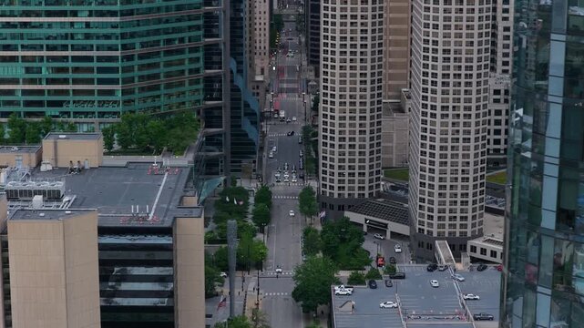 Chicago Illinois skyline in the West Loop district, including Presidential towers, downtown skyscrapers, reflective glass windows and urban cityscape in financial district