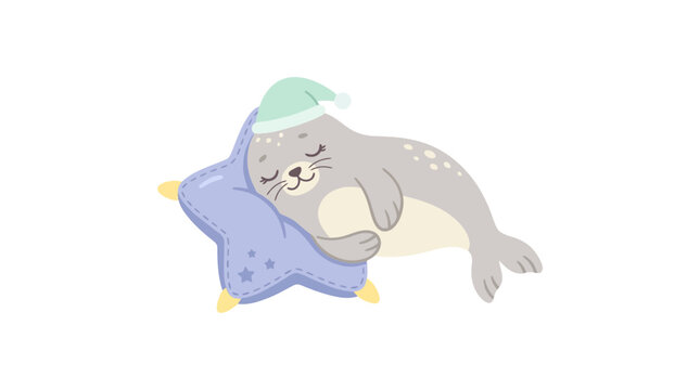 Cute seal sleeping on pillow with nightcap