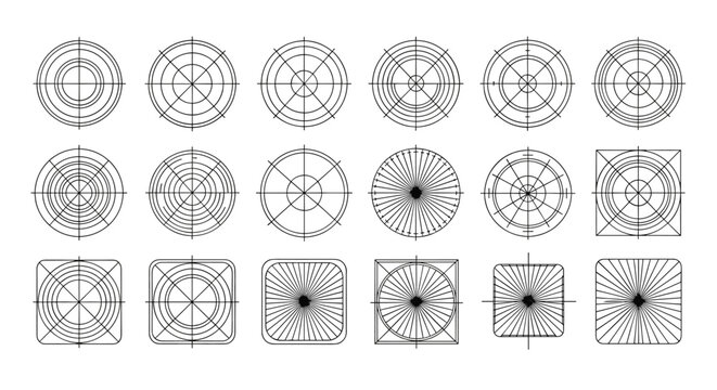Collection of circular and square diagnostic grid targets in retro style for technical calibration and alignment in flat vector graphic design elements.