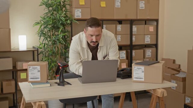 Man inspects a package and points at the shipping label while holding the box near a laptop, barcode scanner and stacked shelves in a small packing building; focused teamwork.