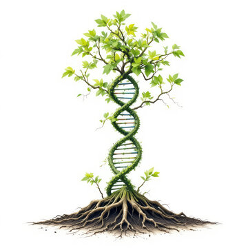 A conceptual illustration of a dna double helix structure growing as a tree with roots and leaves, isolated on white background.