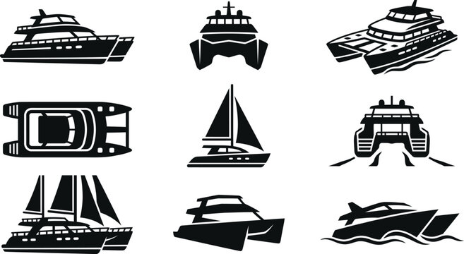 Set of monochrome catamaran and sailboat vector icons for marine transport design.