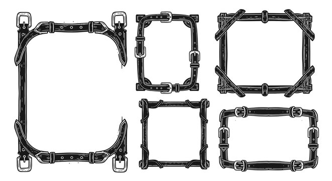 Decorative leather frames with crossed straps and adjustable buckles designed for vintage western posters and rustic product packaging layouts.