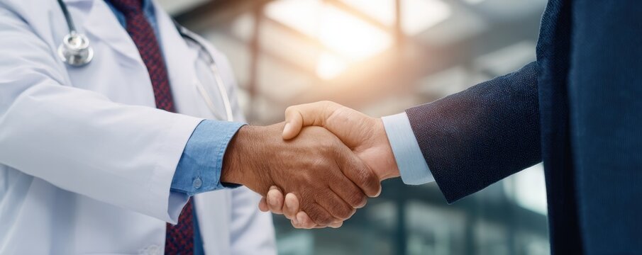 Doctor in a white lab coat shaking hands with a businessman in a dark suit, representing a healthcare partnership, medical business agreement, or collaboration