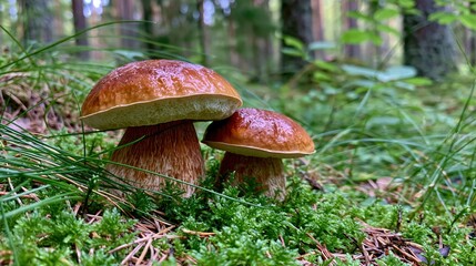 Fototapeta premium Two large edible mushrooms growing in a lush green forest mossy ground