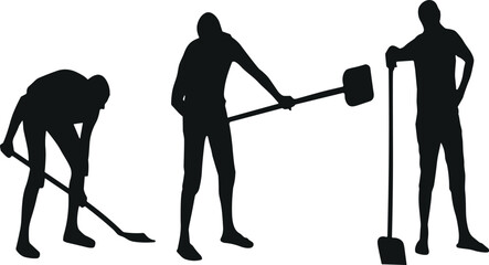 Man digging with shovel vector silhouette set showing worker farming and construction poses on isolated transparent background. © arifa journal!