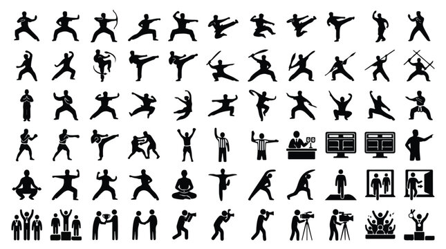 Martial arts silhouette icons set, karate and kung fu fighter poses, 66 black vector elements for sports competition and training