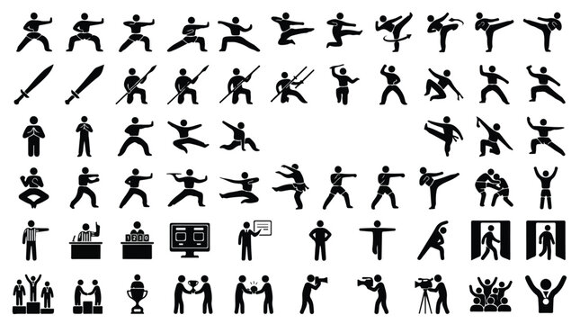 Martial arts silhouette icons set, karate and kung fu fighter pictograms, combat sports competition and training vector elements