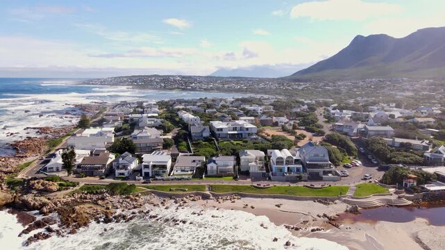 Luxury beachfront real estate in coastal town of Onrus on Overstrand. Aerial