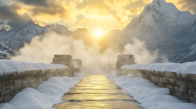 Wooden walkway leads to a steaming natural hot spring surrounded by snow-covered mountains at sunrise