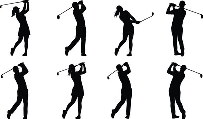 Golf player silhouettes collection isolated on white background. Vector illustration set of male and female golfers swinging clubs during a game. © ABU