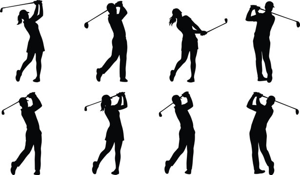 Golf player silhouettes collection isolated on white background. Vector illustration set of male and female golfers swinging clubs during a game.