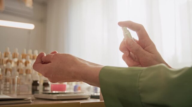 Middle aged Caucasian woman spraying perfume from atomizer bottle onto wrist in slow motion, testing fragrance in workshop. Ideal for beauty brand commercials and cosmetics marketing