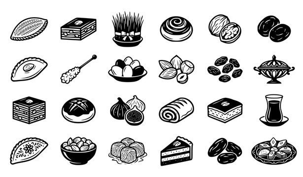 Black and White Novruz Holiday Food Icon Set with Traditional Azerbaijani Sweets and Nuts
