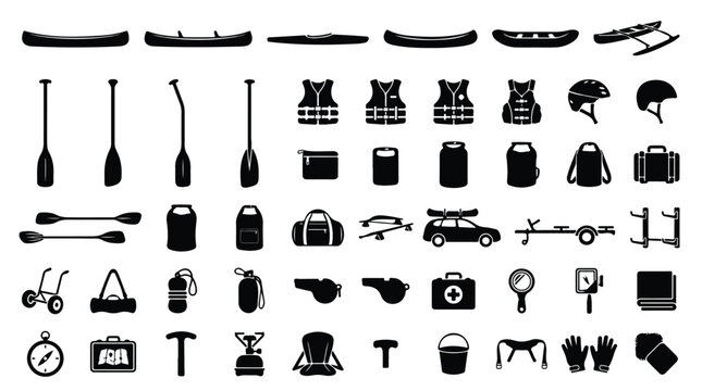 Canoeing and kayaking equipment icons set, black silhouette rowing gear collection, 54 outdoor water sports vector elements for adventure travel