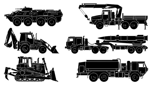 Set of silhouettes featuring various heavy duty industrial and military vehicles.