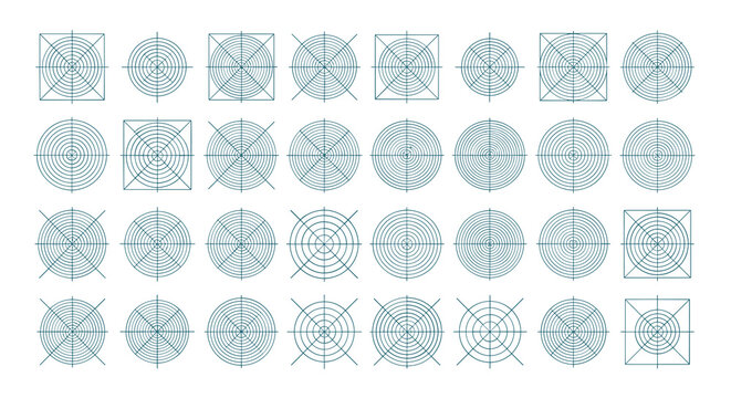 Sonar grid matrices display diverse circular radar targets and square alignment frames for technical calibration and signal analysis.