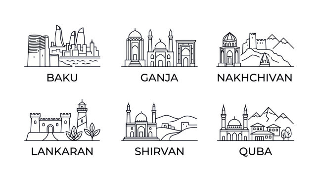 Azerbaijan city landmarks minimalist line icons of baku and ganja