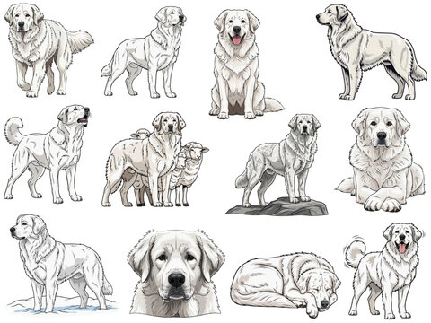 Tatra Shepherd Dog 12 profile poses collection vector illustration