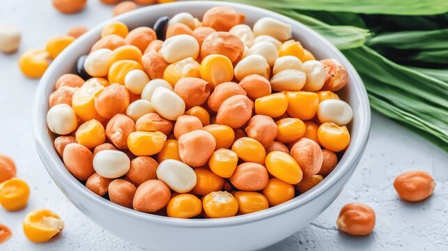 Close-up bowl of roasted corn nuts with fresh green onions on light background