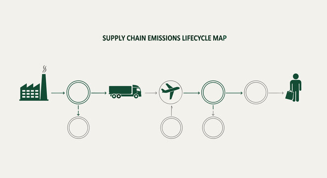 Supply chain emissions map shows factory truck and plane icons with empty tracking circles for environmental impact and carbon footprint analysis.