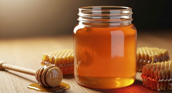Honey in a glass jar with dipper.