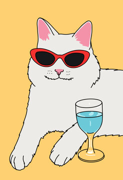 Fluffy White Cat With Red Sunglasses and a Glass Against Yellow Background. Summer Attitude, Holidays, Sunny Travel Concept