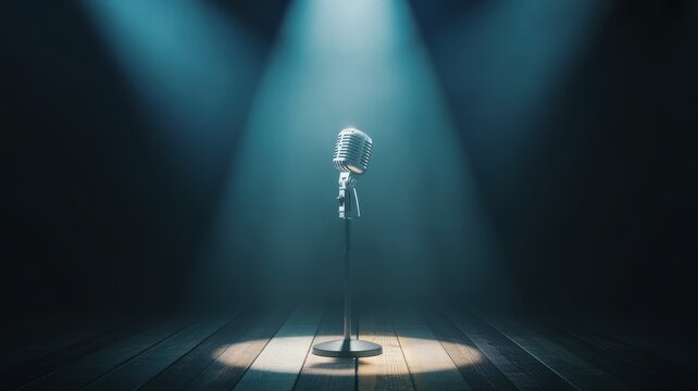 Vintage microphone on a wooden stage floor illuminated by spotlights in a dark studio.