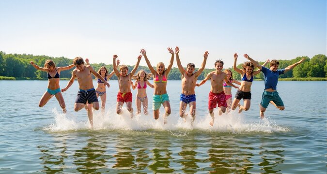 A group of young people joyfully leap into the refreshing lake waters on a sunny summer day, embracing the carefree moments of pure fun and laughter.
