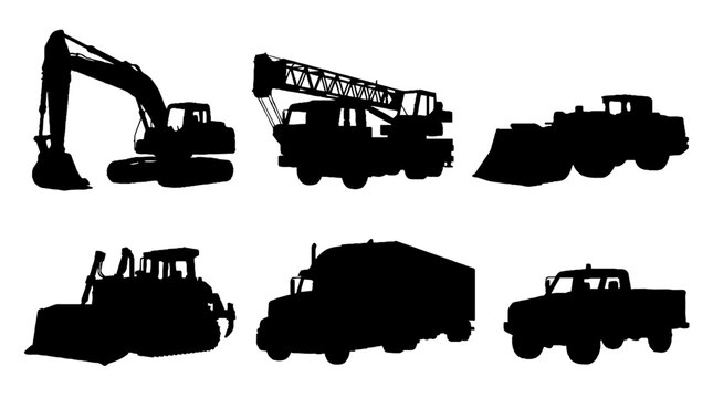 Set of silhouettes of heavy construction machinery and industrial vehicles 1.