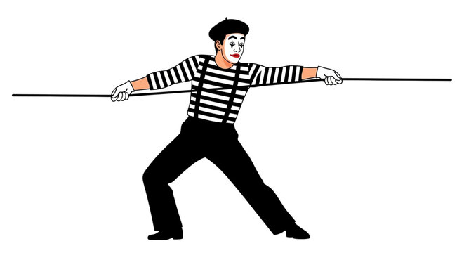 Illustration of a mime artist pulling an invisible rope on a white background